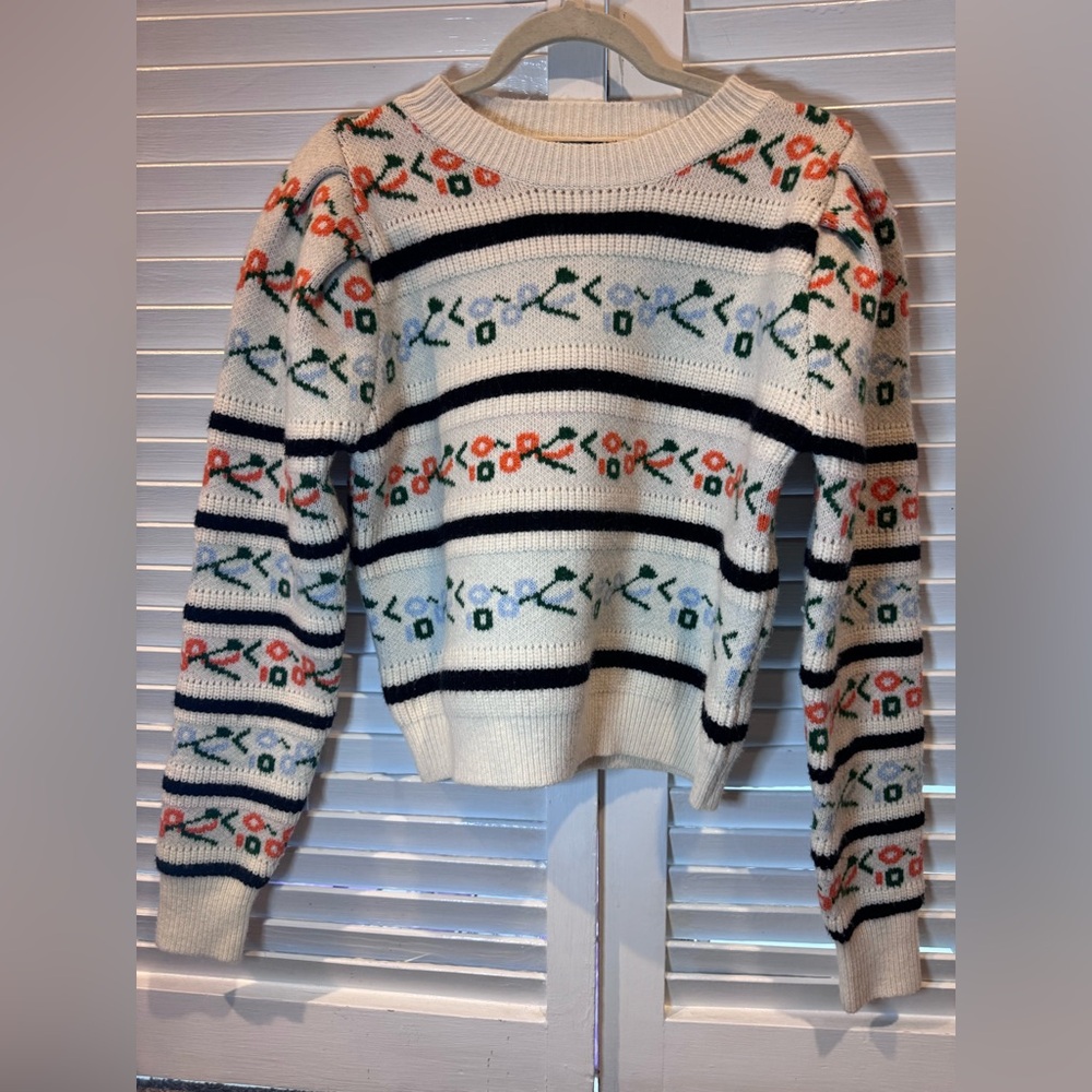 fab’rik Floral Knit Sweater Cream Striped Cottagecore Women M - Picture 2 of 5